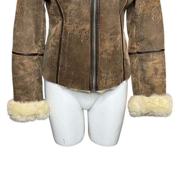 Express vintage Y2K brown leather faux fur lined zip up jacket size 8 - Picture 3 of 13